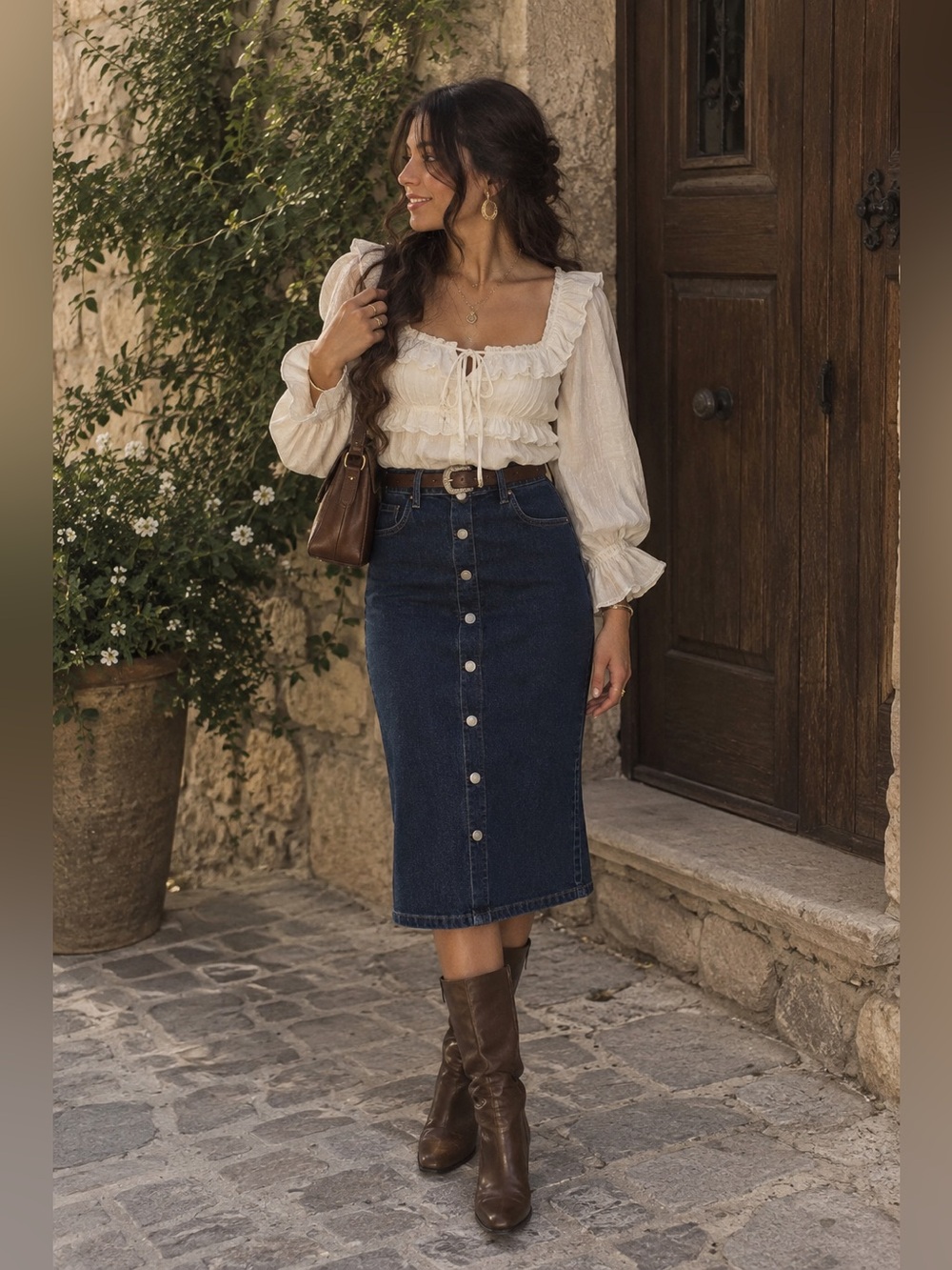 Button-Front Dark Blue Denim Pencil Skirt